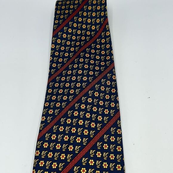 VERSACE CLASSIC V2 Navy Blue and Yellow Floral Pattern Silk Necktie - Picture 3 of 10